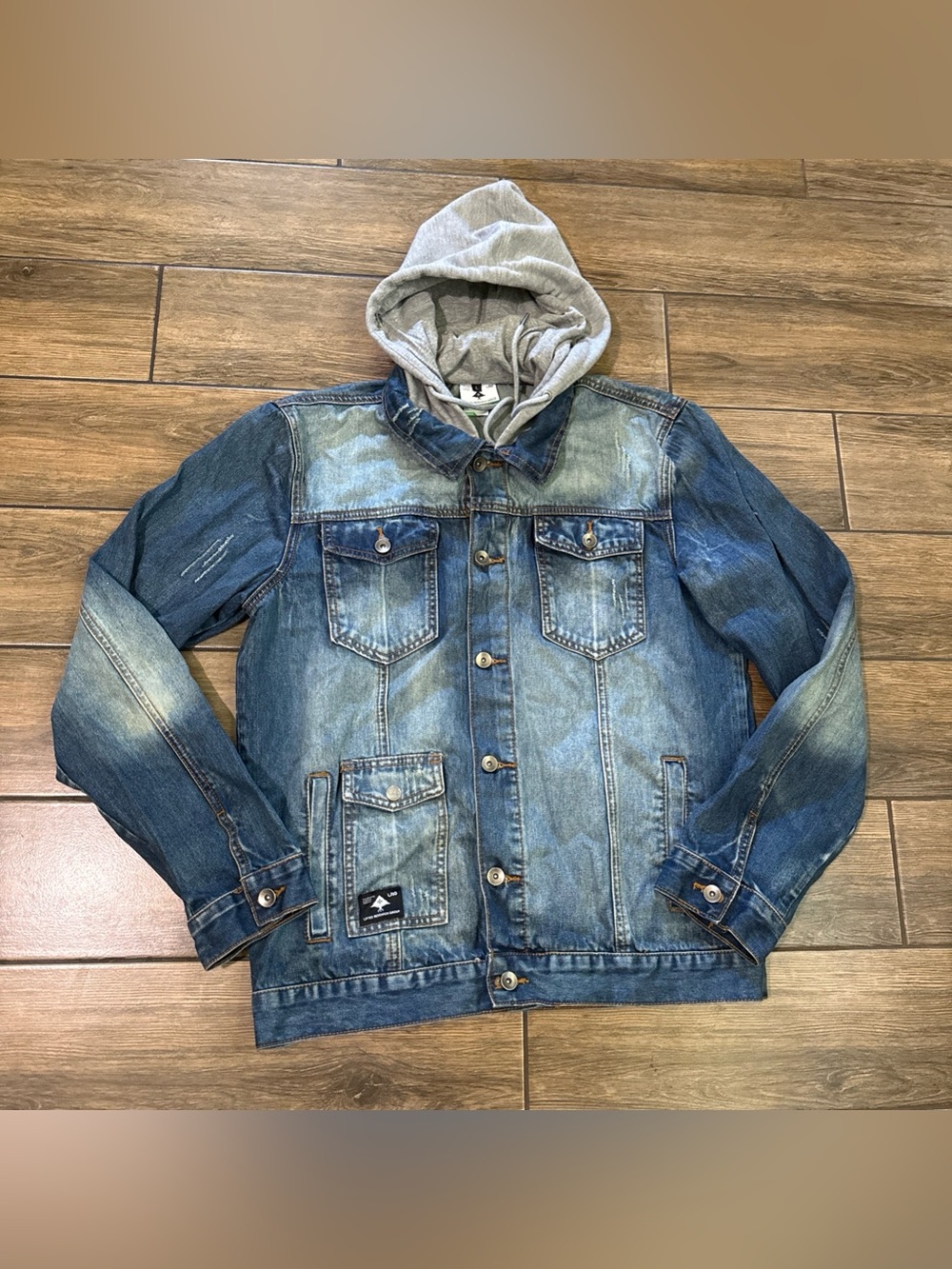 LRG Lifted Research Group Hoodie Jacket L Mens Blue Jean Faded Distressed Denim
